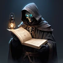 古代文書を紐解く影のようなネクロマンサー。ボロボロのクロークと黒ローブに秘術シンボルが施され、アンティーク提灯の光に不気味な目が光る。