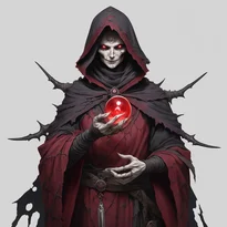 とげ模様と擦り切れた裾のローブを纏い、魂の宝石を持つ邪悪な老婆ネクロマンサー。深紅のハイライトが不気味に輝く。