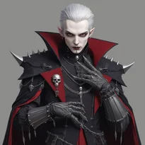 ゴシック様式の重ね着を纏う威厳ある吸血鬼の貴族。ダークベルベットに頭蓋骨とルーンが描かれ、スパイク付き肩鎧と壊死の指輪が特徴的。