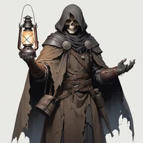 使い古された革のガントレットとボロボロのクロークを纏うネクロマンサー。ひび割れた革と埃がアースカラーの衣装に馴染み、アンティーク提灯を持つ。