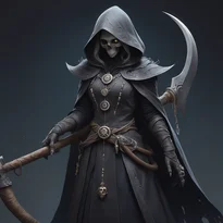 古びた革と暗い布の重ね着を纏う神秘的な女魔術師。骨アミュレットや鎌の紋章、蛇の刺繍が施され、墓地の埃を被った威圧的な姿。