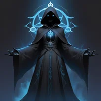 影のようなシルエットの神秘的な女魔術師。暗鋼色のローブと微かな神秘の印、壊死の指輪が、暗く威圧的な存在感を放つ。