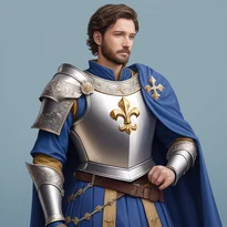 銀の胸当てとロイヤルブルーのサーコート、金の装飾を纏う高貴な騎士。百合の紋章と十字の刺繍が神聖さを際立たせる。