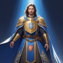 輝く銀の全身鎧と金の装飾、聖なる紋様が刺繍された白いマントを纏う高貴な騎士。翼付き兜から神聖なオーラが放たれる。