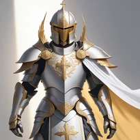 清らかな銀の鎧に精巧な装飾が施され、神聖な光を放つ青いマントを纏う勇敢な聖騎士が聖なる盾を掲げる。