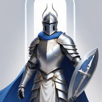 輝く銀の全身鎧を纏い、層状の肩当てとレリーフ彫刻が施された勇敢なパラディン。太陽紋章の盾を持つ。