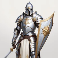 希望に満ちた白い革鎧を纏う勇敢なパラディン。星の刺繍と騎士の紋章が施されたサーコートが特徴的。