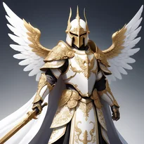 清らかな白革と銀の重ね鎧を纏い、輝く聖剣と十字紋章の盾を持つパラディン。精巧な彫刻が施される。