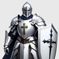 磨かれた銀の全身鎧の上に白いチュニックを纏い、百合の紋章と紋章が施された聖なる盾を掲げるパラディン。