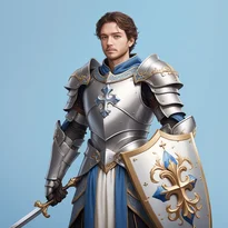 磨かれた銀の鎧と精巧な金細工が施された、パラディンの儀式用戦闘服。輝く長剣と流れる生地が美しい。