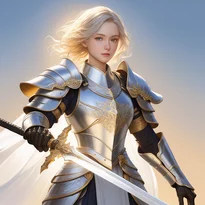 純白と輝く金の鎧を纏う高貴な戦士。大胆な青の装飾と聖なる紋章が施された長いタバードを着用。