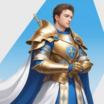 輝く全身鎧と金の縁取りのケープ、聖なる紋章を纏うパラディン。英雄的で荘厳な存在感を放つ衣装。