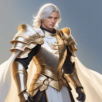 磨かれた銀と金の全身鎧を纏い、輝く十字の紋章が施された白いサーコートを着た勇敢なパラディン。