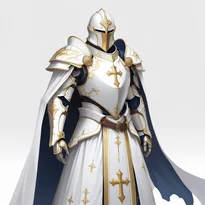 煌めく白絹と白革のサーコートを纏い、真珠と金刺繍の装飾が施された儀式用パラディン。聖なるメイスを持つ。