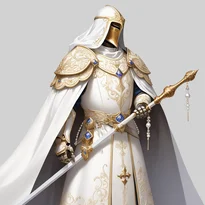 祝福された鋼の全身鎧とボリュームのあるマントを纏い、金刺繍の聖なるシンボルと白金の紋章が輝く。