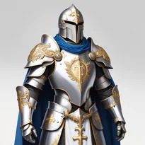 磨かれた銀と革の鎧を纏い、聖なる石と金刺繍が施されたパラディン。聖剣モチーフが希望に満ちた表情を彩る。