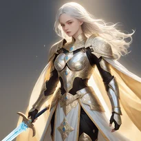 輝くリネンと聖なる絹のサーコートを鎧の上から纏い、金刺繍の聖なるシンボルが施された勇敢な聖騎士。