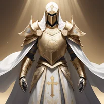 左右対称デザインの精巧なパラディン鎧を纏い、輝く聖剣と独自の紋章が施された聖なる盾を携える。