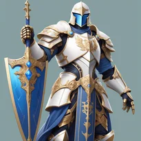 輝く聖なる鎧と金色の縁取りの白いマントを纏い、神聖な光を放ちながら突進する英雄的なパラディン。