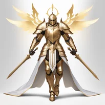 象牙色と金の全身鎧に翼付き兜、輝く羽飾りを纏う。星模様のベルベットケープが神々しい。