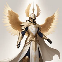 太陽紋章の装飾が施された盾を持つ勇敢なパラディン。輝く銀の全身鎧と真珠のような白い革の帯が特徴。