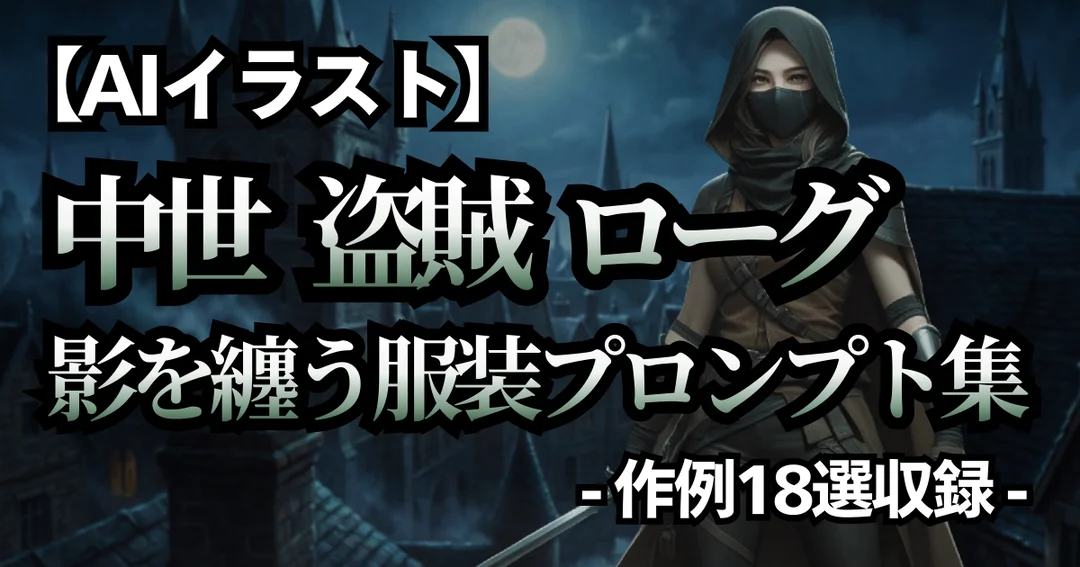 フードを被った盗賊のイラストに『中世盗賊・ローグ服装プロンプト集』と文字入れしたアイキャッチ画像