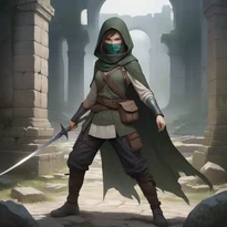 薄暗い古代遺跡でサーベルを構える、深緑のフード付きケープを纏った細身の盗賊の少女。