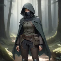 ドラマチックな光と影の中、革のマスクと使い古されたフード付きクロークを纏った盗賊の姿。