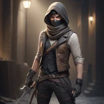 くすんだ色の布を重ね着し、革のベストを纏った盗賊。スカーフで顔を覆い、ダガーを手に持つ。