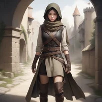 非対称なチュニックと革のベストを着た盗賊。スカーフで顔を覆い、スティレットを構えている。