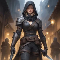 神秘的な光に照らされるプロの盗賊。金属装飾の革装備に多数のポーチと二本の短剣を携えている。