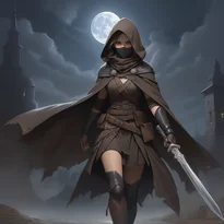 月明かりに照らされ、スカーフで顔を隠したローグ。暗いフード付きクロークと革装備を纏う。