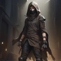 フードとマスクで正体を隠した隠密の達人。体にフィットする暗い革のチュニックとパンツを着用。