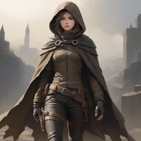 粗いウールと革を組み合わせたスタイリッシュなローグの服装。短いフード付きケープが特徴的。