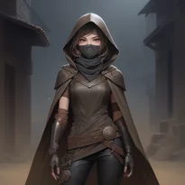 装飾的な革のチュニックとフード付きマントを纏い、バンダナで顔を隠したスタイリッシュな女性盗賊。