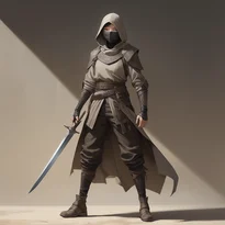 布マスクで顔を隠し、装飾が施されたチュニックを着た機敏な盗賊。腰には鞘に収まったダガー。