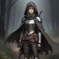 フード付き革鎧と革パンツをまとった中世の盗賊。アースカラーの装束で夜の闇に溶け込んでいる。