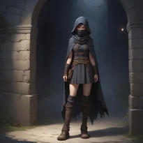 粗いリネンと革の服に短いケープを羽織った盗賊。バンダナで顔の下半分を隠し、夜の影に潜む。