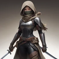 フード付き革鎧とタイトな革パンツ姿の女性ローグ。バンダナで顔を隠し、俊敏なシルエットが特徴。