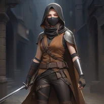 暗闇の中、短いサーベルを構える中世の盗賊。フード付きケープと革の重ね着、バンダナで顔を隠している。