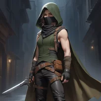 夜の闇の中、短いダガーを手に佇む中世の盗賊。深緑のフード付きケープと革のベストを身に着けている。