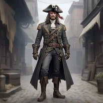 豪華な装飾の革衣装とカヴァリエハットを纏い、威厳を放つ孤高の海賊キャプテン。