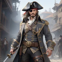 チャコールグレーのダブルフロックコートを纏い、腰のサーベルに手を添える海賊船長。