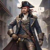 重厚なウールのフロックコートと革手袋を纏い、カトラスを携えた熟練の海賊船長。