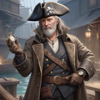 厚手のウールコートを纏い、真鍮のコンパスを手に航路を見つめる知的な海賊船長。