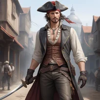 チャコールグレーの重厚なベストを着た海賊船長。フリルシャツと革ズボンで、カトラスを手に威厳を放つ。