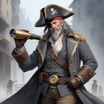 チャコールグレーのフロックコートとつば広帽子を被った歴戦の海賊船長。望遠鏡を手に遠くを見据える。