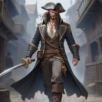 風化した革のロングコートを纏い、眼帯をつけた海賊船長。ゆったりしたズボンをブーツに入れカトラスを構える。