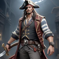 ストライプシャツとベストを着た反抗的な海賊船長。眼帯をつけ、ドクロのベルトを締めカトラスを携える。