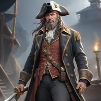 使い古された革のロングコートを纏い、腰にカットラスを下げた無骨な海賊船長。威厳ある立ち姿が印象的。